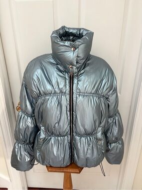 Metallic Gray High-Collar Puffer Jacket